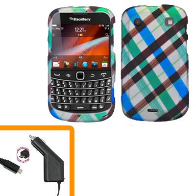 For BlackBerry Bold 9930 4G Car Charger + Cover Hard Case Plaid
