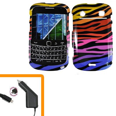 For BlackBerry Bold 9930 4G Car Charger + Cover Hard Case C-Zebra