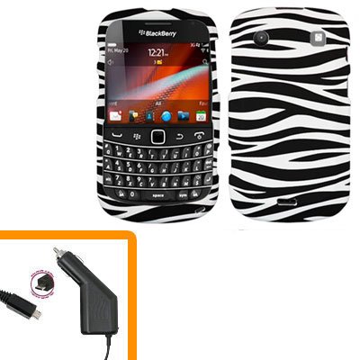 For BlackBerry Bold 9930 4G Car Charger + Cover Hard Case Zebra