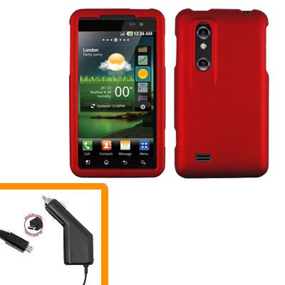 For HTC Thrill 4G / Optimus 3D Car Charger +Cover Hard Case Red 2-in-1