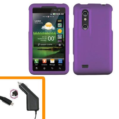 For HTC Thrill 4G / Optimus 3D Car Charger +Cover Hard Case Purple 2-in-1