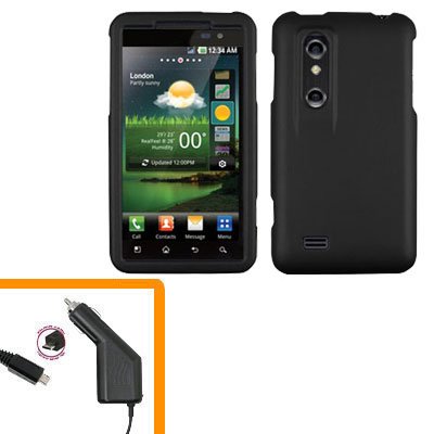For HTC Thrill 4G / Optimus 3D Car Charger +Cover Hard Case Black 2-in-1