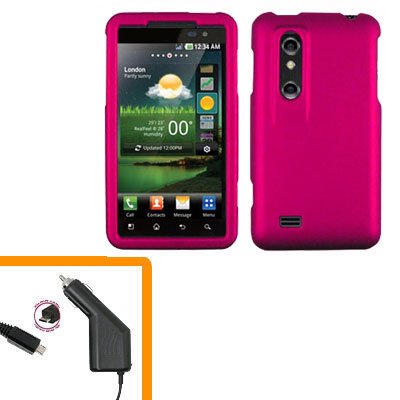 For HTC Thrill 4G / Optimus 3D Car Charger +Cover Hard Case R-Pink 2-in-1