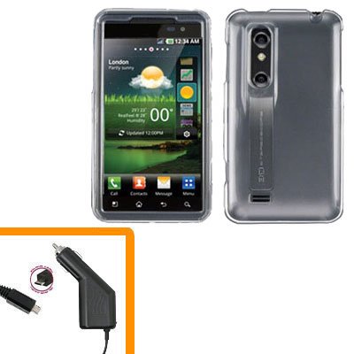For HTC Thrill 4G / Optimus 3D Car Charger +Cover Hard Case Clear 2-in-1