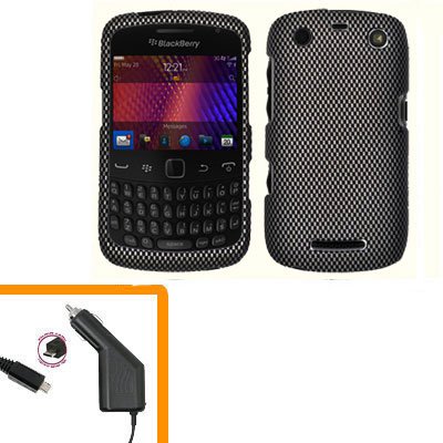 For BlackBerry Curve 9350 9360 9370 Car Charger + Cover Hard Case Carbon Fiber