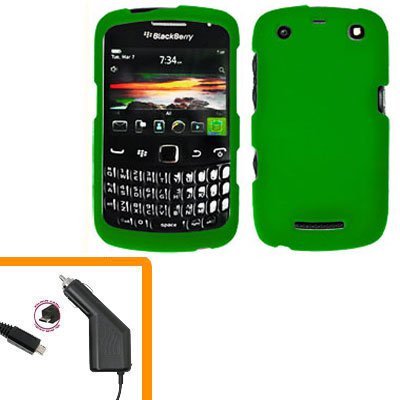 For BlackBerry Curve 9350 9360 9370 Car Charger + Cover Hard Case Green