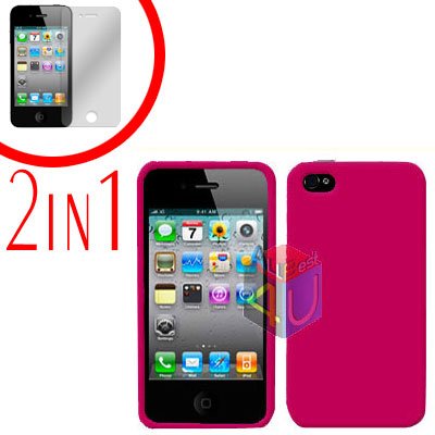 For Apple iPhone 4S 4 Cover Hard Case Rose Pink +Screen 2-in-1