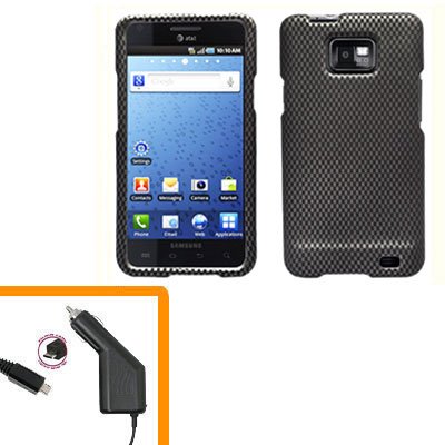 For AT&T Samsung Galaxy S II SGH-i777 Car Charger +Hard Case Carbon Fiber Cover