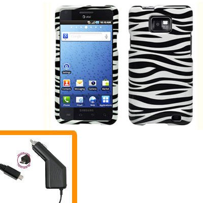 For AT&T Samsung Galaxy S II SGH-i777 Car Charger +Hard Case Zebra Cover