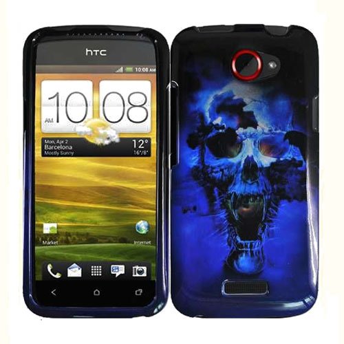 For HTC One X Cover Hard Phone Case Blue Skull + Screen Protector 2-in-1