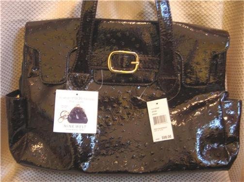 Nine West Dark Brown Leather-like Ostrich Design Tote Handbag Purse New