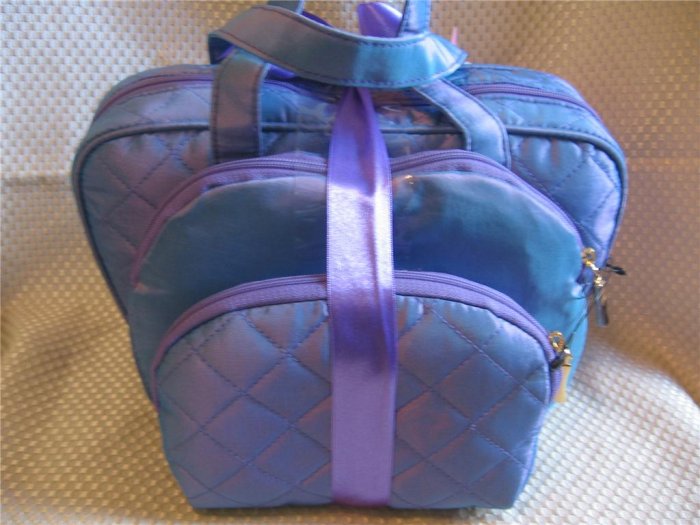 Large Iridescent Blue 3 Pcs Cosmetic Bag Travel Set New