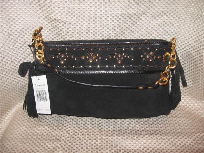 Maxximum Black Suede Leather Gold Accents Handbag Purse New