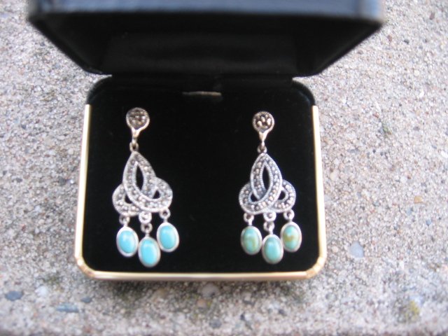 Turquoise & Marcasite Sterling Silver Chandelier Earrings New