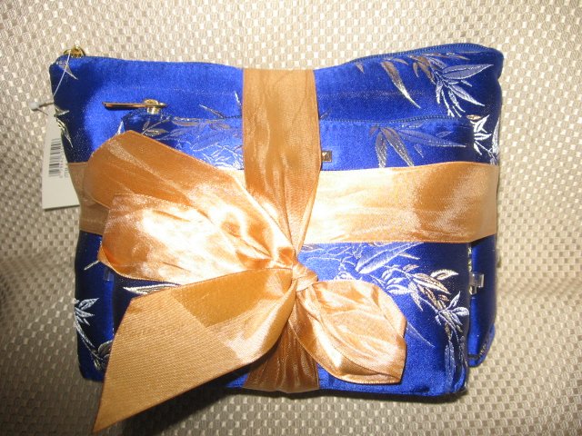 Blue w/ Gold Leaf Design 3 Piece Cosmetic Bag Set New