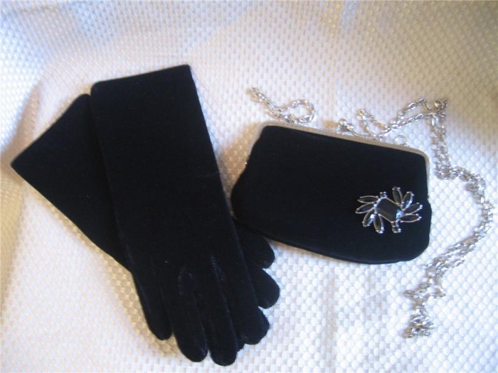 Black Velvet Gloves Purse Handbag Set Removable Pin New