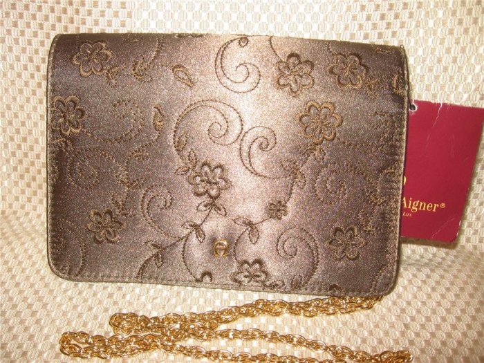 Eitenne Aigner Brown Satin Embrodery Detail Gold Chain Strap Evening Handbag Purse New
