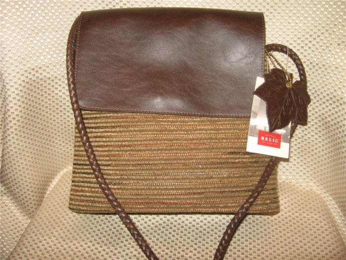 Relic Brown Leather Multi-Color Chenille Handbag Purse New