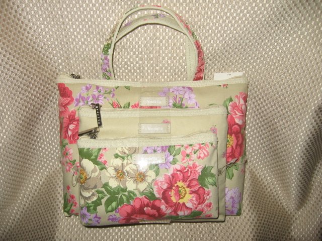 3 Pcs Tan with Floral Design Cosmetic Bag Travel Set New