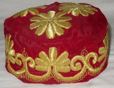 UZBEK HAND GOLD EMBROIDERY VELVET RED SKULL-CAP BUKHARA