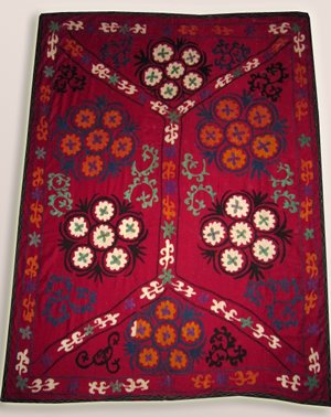 VINTAGE UZBEK SILK HAND EMBROIDERY SUZANI BESHIKPUSH
