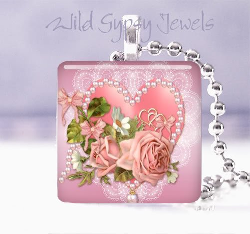 Valentine's Day Pink roses heart 1" glass tile pendant necklace