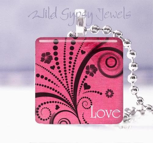 Magenta Pink black vines scrolls LOVE 1" sq glass tile pendant necklace