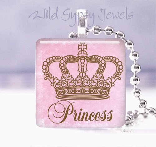 Pink crown PRINCESS Valentine's 1" glass tile pendant necklace