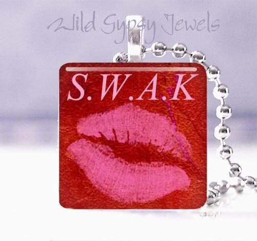 Sealed with a kiss Hot Pink Lips S.W.A.K. RED 1" glass tile pendant necklace