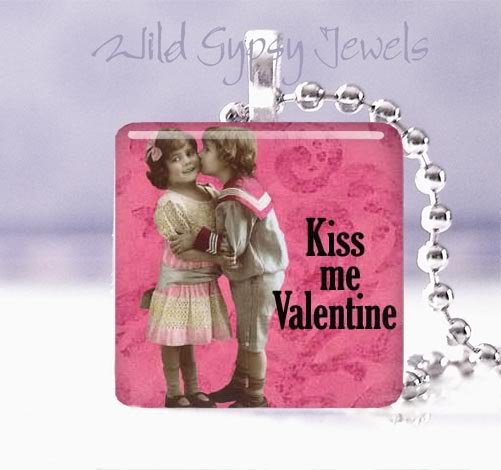 Pink Kiss Me Valentine Vintage Children 1" glass tile pendant necklace
