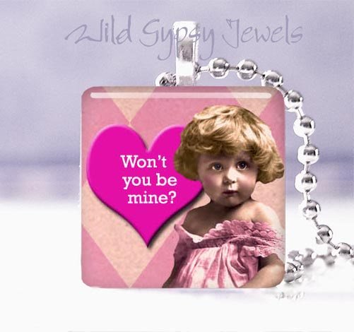 Pink Vintage Girl BE MINE heart 1" glass tile pendant necklace