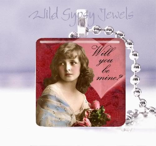 Be mine Valentine Vintage Girl ROSES 1" glass tile pendant necklace