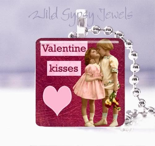 Valentine KISSES vintage children PINK heart 1" sq glass tile pendant necklace