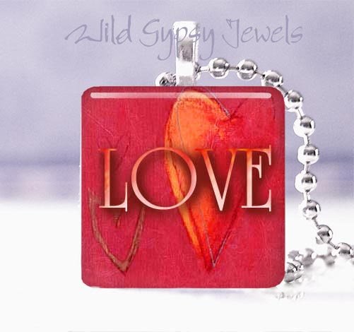 Valentine's Day RED heart modern LOVE 1" sq glass tile pendant necklace