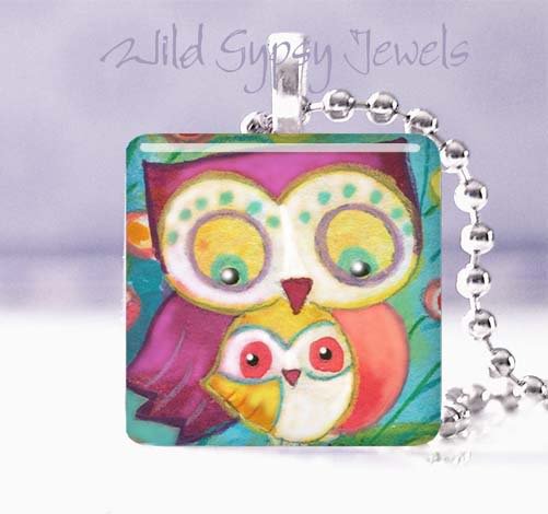 Mother Baby Owls Peach Aqua 1" tile pendant necklace