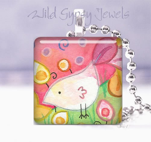 Sweet White Bird pink lime yellow 1" glass tile pendant Necklace GIFT IDEA