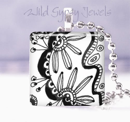 abstract B&W doodles art 1" glass tile pendant NECKLACE GIFT IDEA