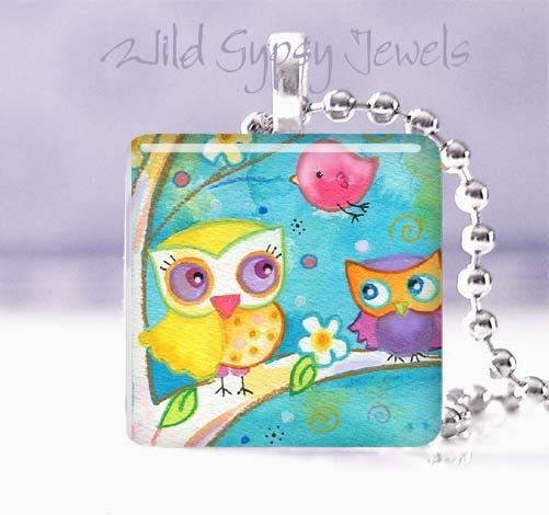 Moon Stars Mother Baby Owls 1" glass tile pendant necklace
