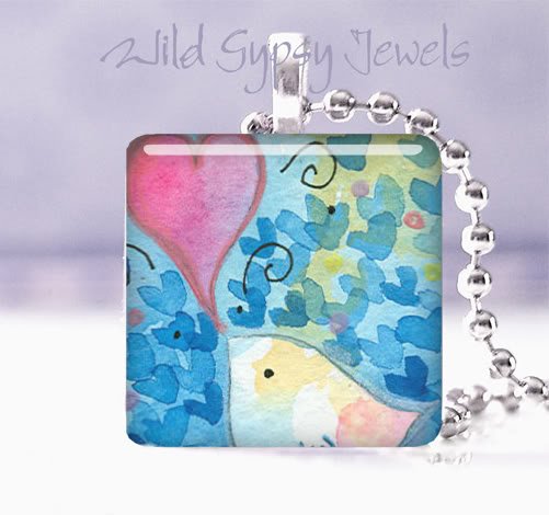 Baby Bird PINK Heart BLUE Aqua Great GIFT 1" Necklace