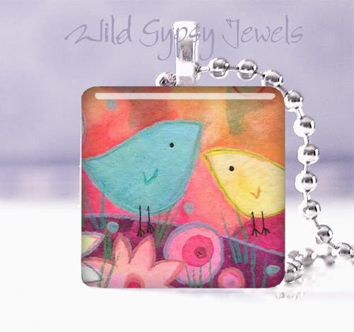 Mom & Chick Blue Yellow Pink 1" pendant Great GIFT IDEA
