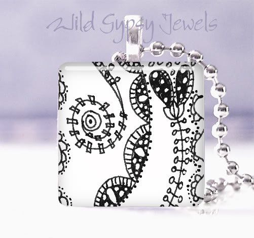 Original BW DOODLES abstract art 1" sq pendant NECKLACE