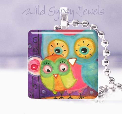 Aqua Owl Lime Baby Mother Whimsical 1" pendant necklace