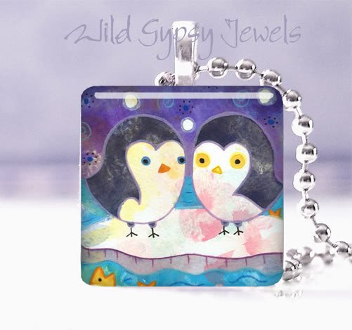 Penguins winter iceberg ocean 1" glass tile pendant Necklace GIFT IDEA