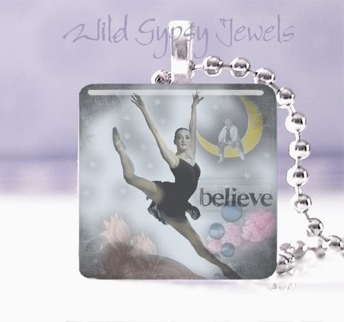 Ballerina MOON dance BELIEVE in YOU 1" glass tile pendant necklace