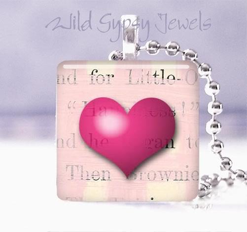 Valentine's Day Magenta PINK HEART 1" glass tile pendant necklace