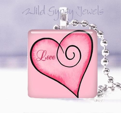 Valentine's Day red & pink Love HEART 1" glass tile pendant necklace