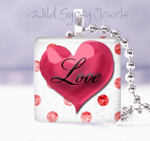 Valentine's Day red & white HEART Polka Dot 1" glass tile pendant necklace