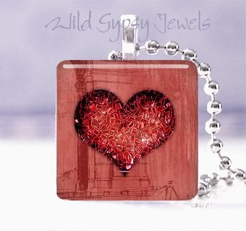 Valentine's Day red grunge glitter heart 1" glass tile pendant necklace