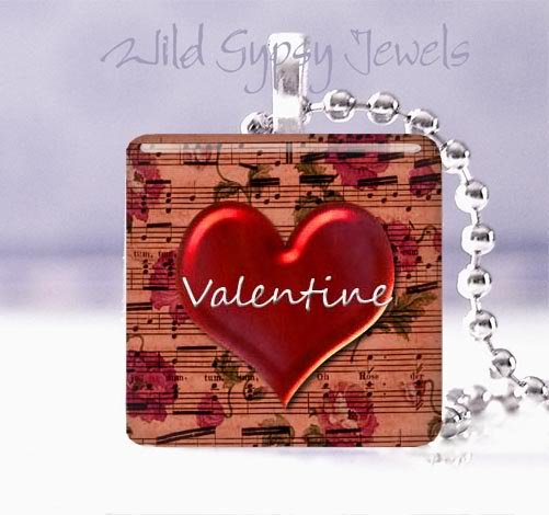 Valentine's Day red heart with sheet music 1" glass tile pendant necklace NEW