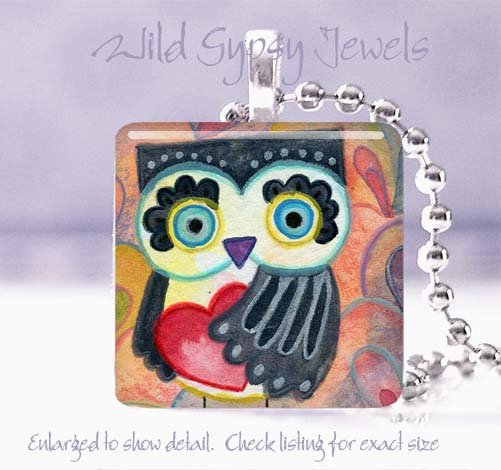 Owl big eyed Valentine's Day red HEART 1" glass tile pendant necklace